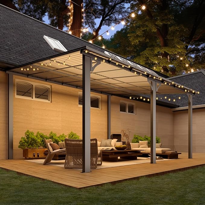 AECOJOY 14' x 12' Gazebo Outdoor Pergola for Patio, Large Wall-Mounted Hard Top 12x14 Lean to Metal Gazebo Shelter Pergolas and Gazebos Clearance with Patio Roof, Heavy Duty Awnings for Patio, Decks