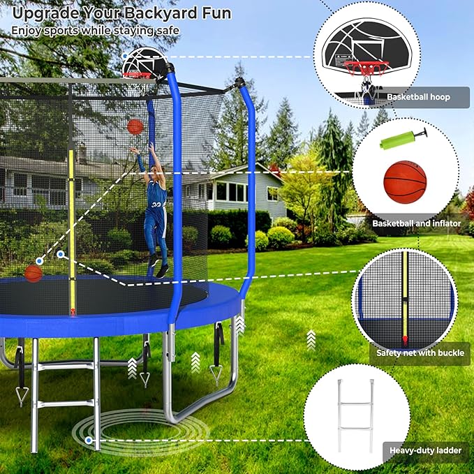Lyromix Upgraded Trampoline 8FT/10FT/12FT/14FT With Basketball Hoop, Light, Sprinkler, Stakes - Outdoor Backyard for 4-6 Kids and Adults