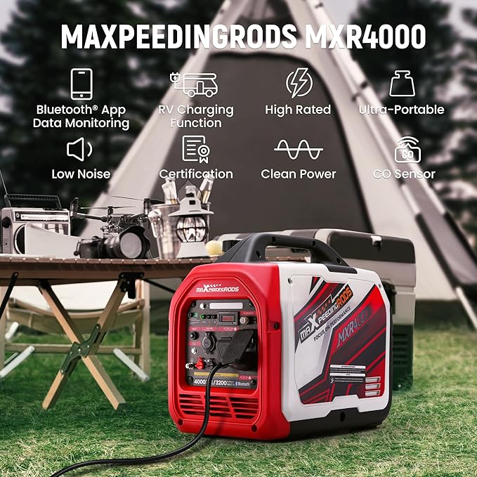 maXpeedingrods 4000 Watt Inverter Generator Portable, Bluetooth? App Remote Data Monitor, RV Ready, Gas Powered Generator with CO Alarm for Outdoor Camping, Home Backup