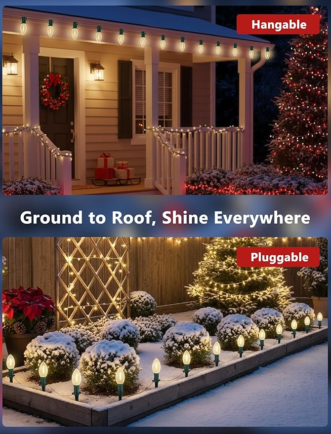 38FT LED Outdoor Christmas Pathway Lights,25 Warm White Extendable Waterproof Christmas Walkway Lights with C9 LED Bulbs and Stakes for Walkway Backyard Snowfield Christmas Decorations