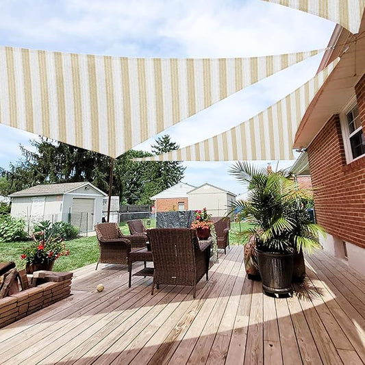 Patio Paradise 24' x 24' x 24' Sun Shade Sail Triangle Canopy Shade Cloth Fabric Sunlight Block Patio Pergola Cover HDPE Deck Awning for Outdoor Backyard Roof Shading, Beige White Strip