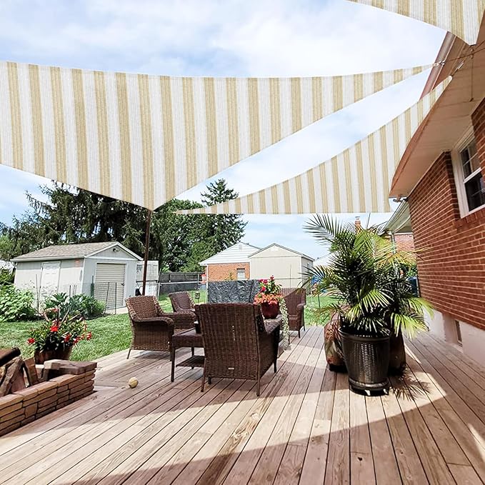 Patio Paradise 4' x 4' x 4' Sun Shade Sail Triangle Canopy Shade Cloth Fabric Sunlight Block Patio Pergola Cover HDPE Deck Awning for Outdoor Backyard Roof Shading, Beige White Strip