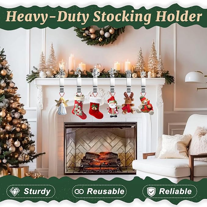 cyrico Christmas Stocking Holders for Mantle, Set of 6, Sturdy Metal Stocking Hangers for Mantel, Cute Lightweight Silver Xmas Mantle Hooks for Fireplace Window Counter Christmas Party Decoration