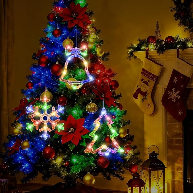 3Pack Christmas Window Lights Decorations with Timer,Battery Powered Christmas Hanging Multicolor Lighted Snowflake Tree Bells Shaped LED Sucker for 2026 Xmas Tree Fireplace Indoor Decor