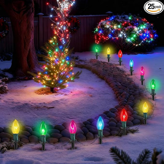 C9 Multicolor Christmas Pathway Lights,38FT 25 Pcs Multicolored Extendable Waterproof Christmas Walkway Lights with Multicolor Bulbs and Stakes for Outdoor Lawn Garden Sidewalk Xmas Decorations