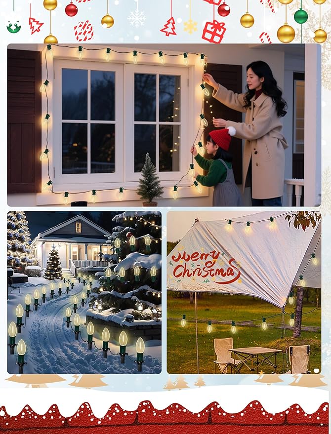 Vintage C9 LED Christmas Lights Outdoor, 25Ft LED C9 Warm White Christmas String Lights with 26 Clear Bulbs, Outdoor Christmas Decorations Lights Waterproof for Patio Garden Roofline Holiday Party