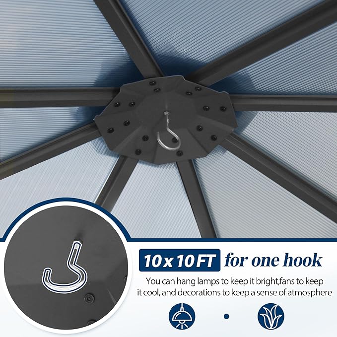 COVERONICS 10FT x 10FT Patio Polycarbonate Hardtop Gazebo with Steel Frame - Outdoor Translucent Roof Gazebo with Breathable Netting & Shaded Curtains for Porch, Lawn, Garden, Backyard, Poolside