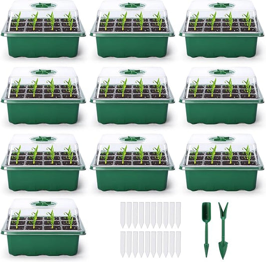 Delxo 10-Pack Seed Starter Kit Seedling Starter Tray (12 Cells) Humidity Adjustable Plant Germination Kit Garden Seed Starting Tray with Dome and Green Base Plus Plant Tags Hand Tool Kit