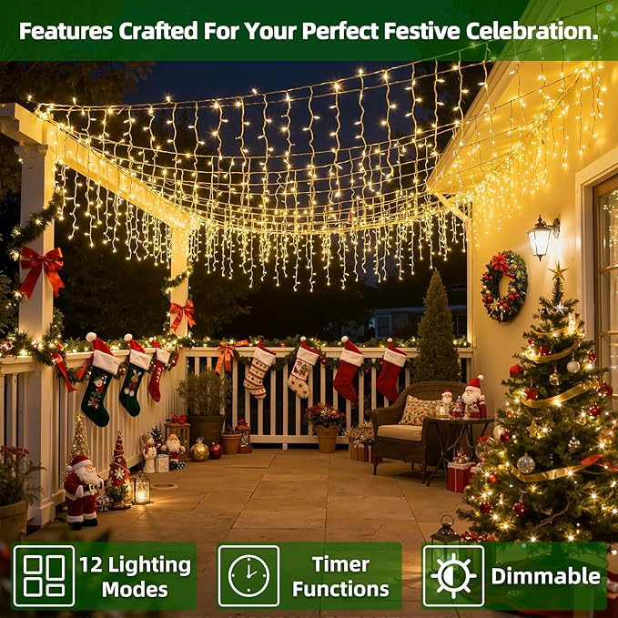 612 LED Christmas Lights with 136 Drops, 60ft 12 Modes Hanging ice String Lights with Timer & Dimmable & Waterproof, Plug-in Fairy Lights for Tree Holiday Wedding Party Christmas Decor Warm White