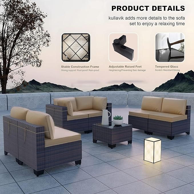 Kullavik 7 Pieces Outdoor Patio Furniture Set,Wicker Outdoor Sectional Sofa,All-Weather Patio Conversation Sets with Washable Thick Cushions & Coffee Table for Garden,Backyard,Balcony,Porch,Sand