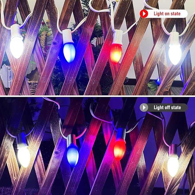 Red White and Blue String Lights,25FT Waterproof LED Fourth of July Lights with 28 C7 LED Bulbs(3 Spare),Patriotic String Lights for Inauguration Decorations Independence Day Party Hoilday Decor