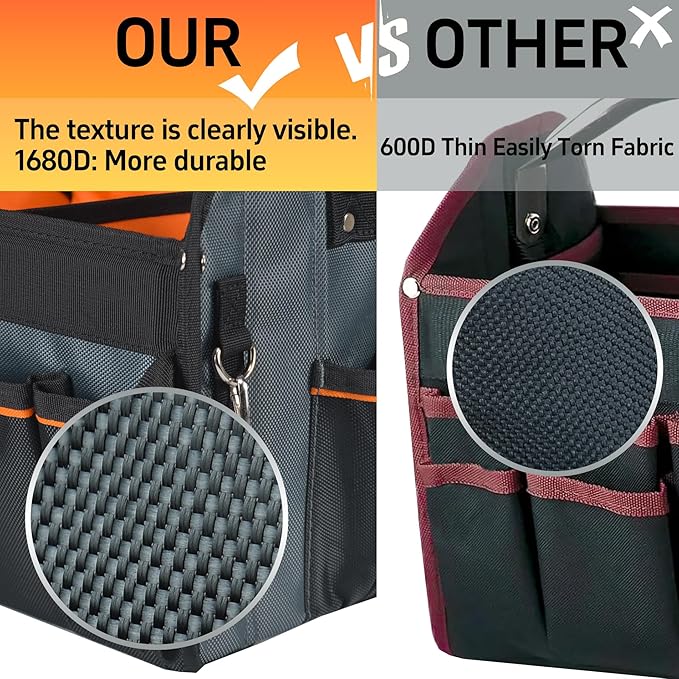 12 Inch Electrician Tool Tote Bag, 1680D Ballistic Polyester 34 Pockets Open Top Foldable Tool Bags with detachable divider, Tool Tote with Stainless Steel Handle & Padded Shoulder Strap