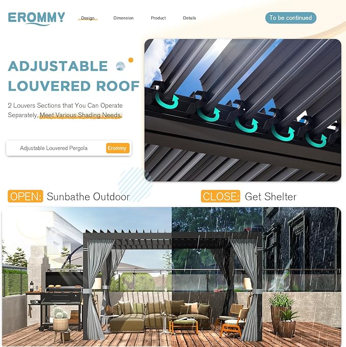 EROMMY Louvered Pergola 10' x 10' Outdoor Hard Top Pergola with Aluminum Frame and Adjustable Metal Rainproof Roof for Garden & Patio, Curtains and Netting Included, Gray-Black