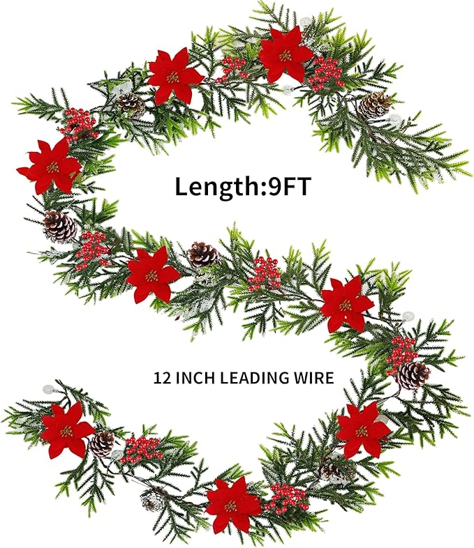 Juegoal Christmas Garland, 9 FT Pre-lit Artificial Xmas Flocked Garlands, Lighted Poinsettia Spruce Garland, Timer & Battery Operated with Lights, for Garden Home Winter New Year Decorations