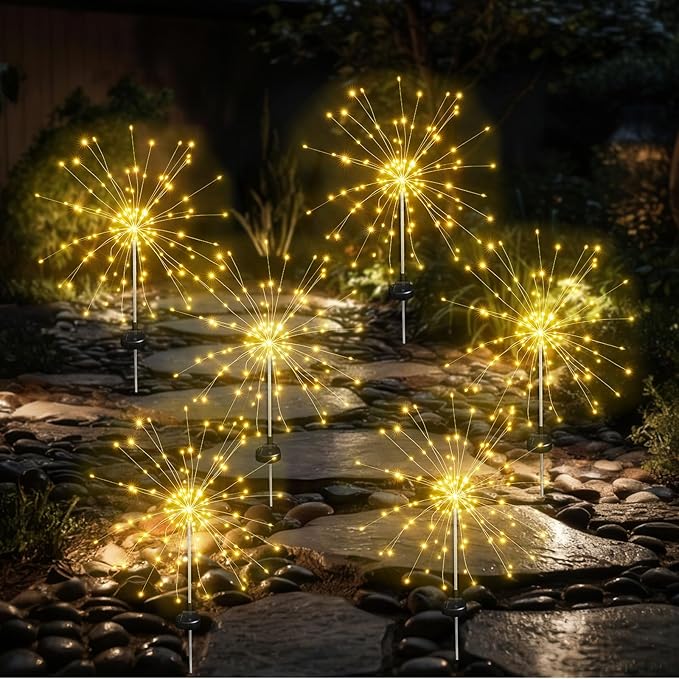 Solar Garden Firework Lights Outdoor Waterproof, 6 Pack Solar Lighting with 8 Lighting Modes, 120 LED Sparklers String Lights for Outside Decor Yard Pathway Decorations(Warm)