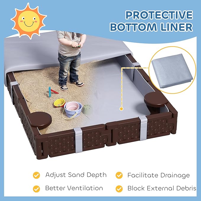 Qaba Kids Sandbox with Cover, Rectangular 73 HDPE Large Sand Pit with 4 Seats, Waterproof Bottom Liner, Weather Resistant Outdoor Sand Box for Backyard, Lawn, Garden, Beach, Patio, Brown
