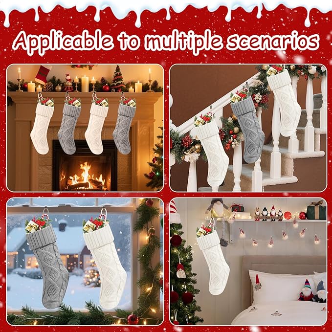 Christmas Stockings 18 Inches,Long Knitted Socks Christmas Decoration Hanging Stocking Fireplace Xmas Tree Stocking for Home Family（2white+2gray）
