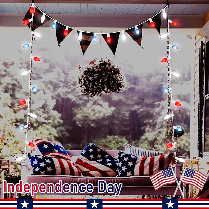 Red White and Blue String Lights,25FT Waterproof LED Fourth of July Lights with 28 C7 LED Bulbs(3 Spare),Patriotic String Lights for Inauguration Decorations Independence Day Party Hoilday Decor