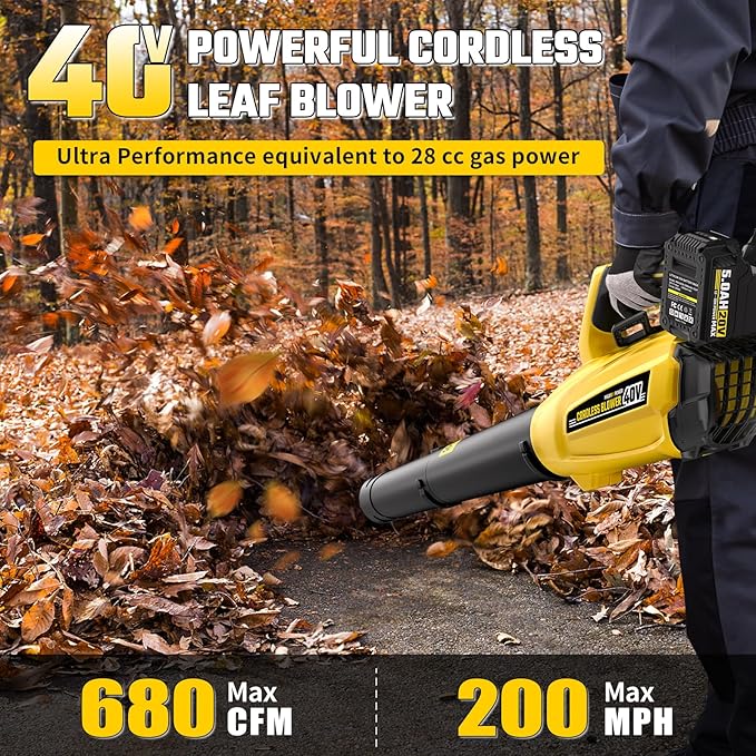 40V Leaf Blower Cordless with 2 X 5.0Ah Batteries and Charger, 40V Powerful Brushless Motor Up to 680CFM Blower for Lawn Care, 4-Variable Speed Turbo Mode with Power Boost