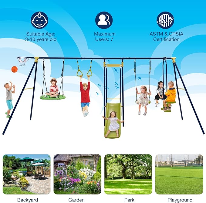 GLACER 7-in-1 Kids Swing Set w/ 2 Swings, Slide, Fun Glider, Gym Rings, Monkey Bars, Basketball Hoop, 660 LBS Swing Set for Kids, Heavy Duty Play Set for Backyard, Garden, Park