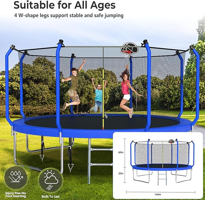 Lyromix Upgraded Trampoline 8FT/10FT/12FT/14FT With Basketball Hoop, Light, Sprinkler, Stakes - Outdoor Backyard for 4-6 Kids and Adults