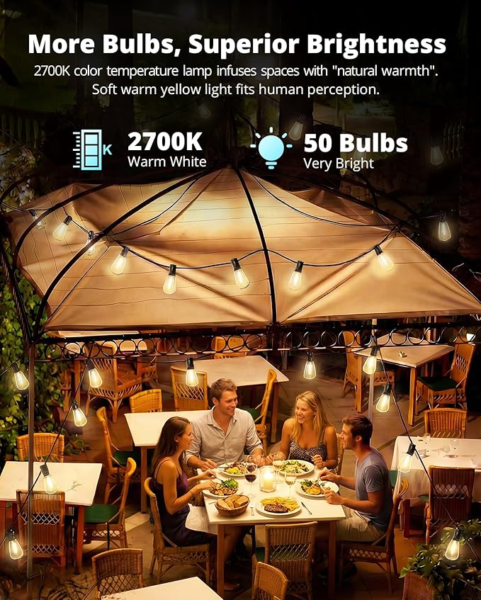 VIPAR Outdoor String Lights 100FT Patio Lights Outdoor Waterproof with 52 Shatterproof ST38 Vintage Edison Bulb, LED Outside Hanging Light for Backyard, Porch, Garden, Deck, Bistro, 2700K Dimmable