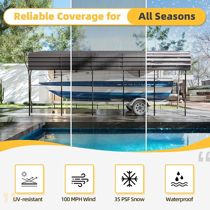 EROMMY 14x25 FT RV Metal Carport, Heavy Duty Carports with Reinforced Steel Frame, Weather-Resistant Galvanized-Steel Roof Shelters, Outdoor Car Shed for 2 Vehicles, Truck, Boat and SUV, Gray