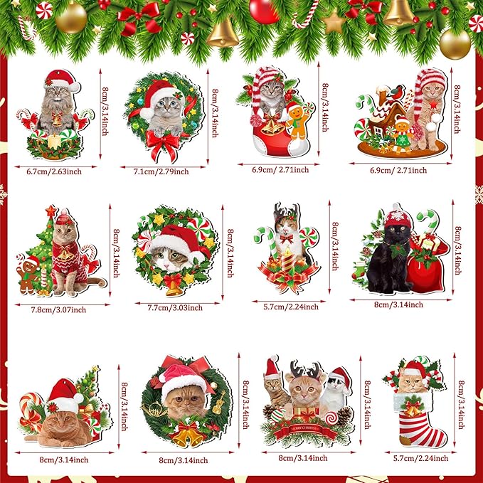 Qunclay 36 Pcs Cat Christmas Tree Ornaments Wooden Cat Christmas Tree Decorations Rustic Xmas Kitty Hanging Ornament Decorative Kitty Wood Pendants for Home Fireplace Holiday Xmas Party Decor