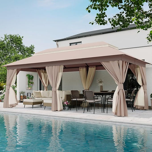 LAUSAINT HOME Semi-Permanent Patio Gazebo 10'x20' with Expansion Bolts, Outdoor Heavy Duty Party Tent with Double Roofs, Nettings and Privacy Screens for Backyard, Garden, Lawn, Champagne Khaki