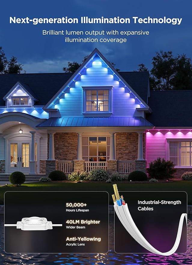 Permanent Outdoor Lights, 50FT with 32 Smart RGBIC LED Lights, DIY Scene Mode, IP68 Waterproof Christmas Lights for Daily and Accent Lighting, Outdoor Decor, House Roof, Holiday Decorations