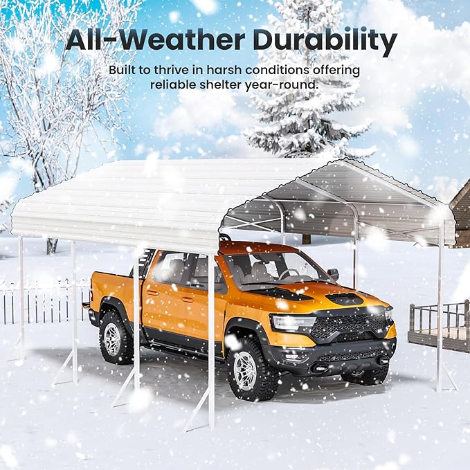 10X15ft Heavy Duty Metal Carport – Outdoor Galvanized Garage, Sturdy Structure, All-Weather Protection, Easy Assembly for Cars, Trucks, Boats, Tractors, and Outdoor Storage (Beige, 10x15FT)