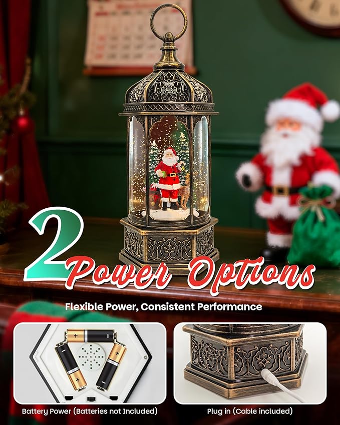Christmas Satan ＆ Deer Snow Globe Light up Lantern with 8 Songs, 12.99" Christmas Snow Globes for Kids Adults, 6H Timer & Dual Power, Snowglobes Christmas Decorations Indoor, Gifts for Women Men