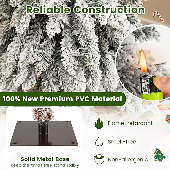 GOFLAME Set of 3 Pre-lit Pencil Christmas Tree, Snow Flocked Artificial Xmas Trees 3Ft, 4Ft and 5Ft with Multi-Colored LED Lights, Slim Christmas Tree, Holiday Decoration Tree with Metal Base