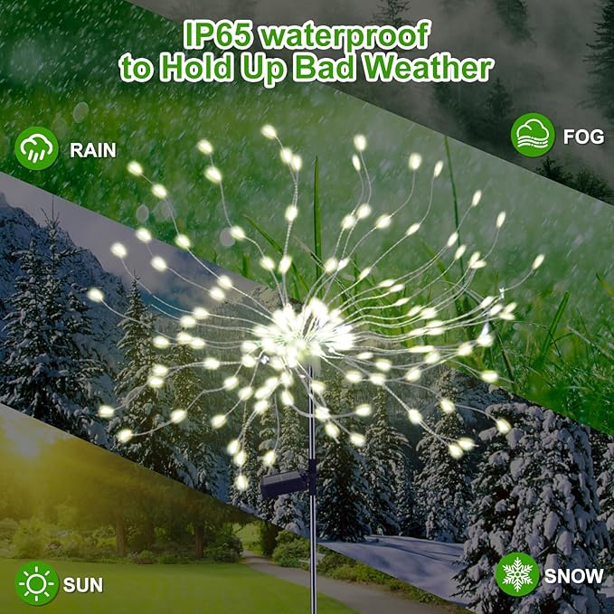 2 Pack Solar Firework Lights Outdoor, 175 LED Garden Lights with 2 Modes, Waterproof DIY Copper Wire Solar Starburst Light for Yard Wedding Patio Halloween Christmas Decor（Warm White）