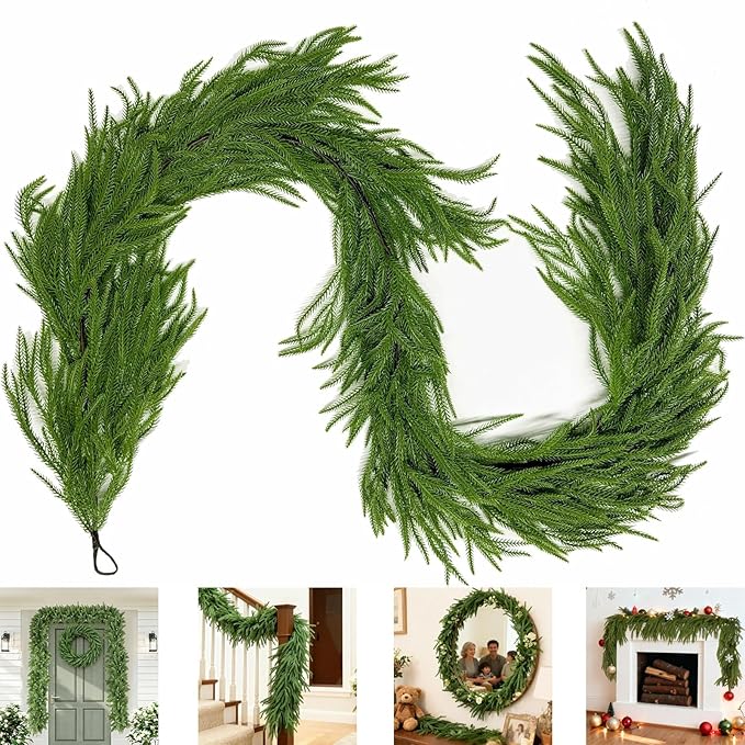 9 FT Artificial Norfolk Pine Garland, Real Touch Dense Faux Greenery Garland for Mantle, Table, Wall, Indoor & Outdoor Christmas Decorations, Christmas Garland