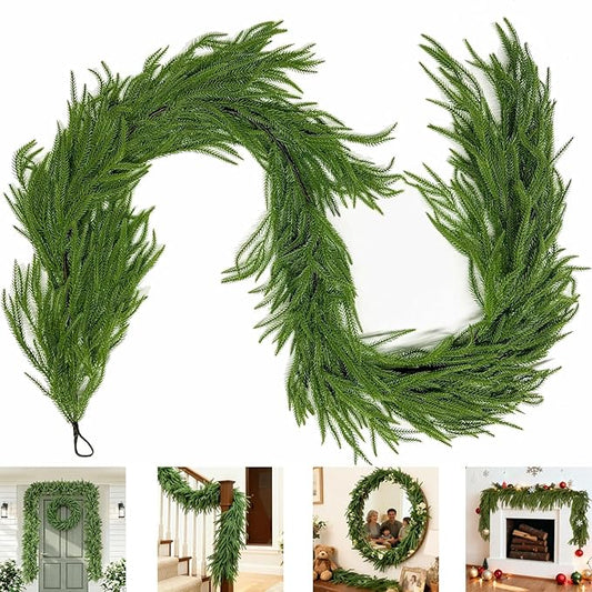 9 FT Artificial Norfolk Pine Garland, Real Touch Dense Faux Greenery Garland for Mantle, Table, Wall, Indoor & Outdoor Christmas Decorations, Christmas Garland