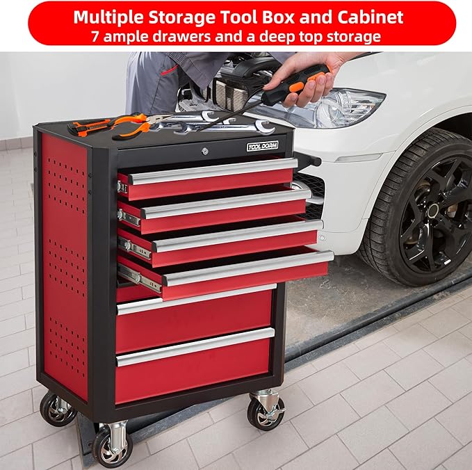 Upgrade 7-Drawer Rolling Tool Chest with Locking Wheels & Drawers, 18.5 D x 27.9 W x 39.5 H Mobile Tool Storage Cabinet, Heavy-Duty Garage Organizer w/Ergonomic Handle