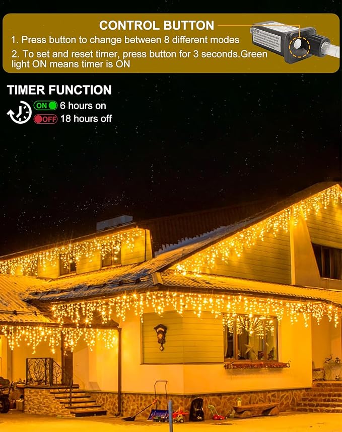 Christmas Icicle Lights Outside 624 LED 59FT Warm White, 96 Drops 2700K Icicle Christmas Lights with Remote/8 Modes/Timer, IP44 Waterproof for Roof Gutter Wedding Holiday Decorations