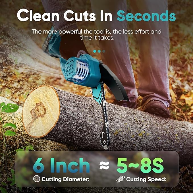 Chainsaw 6-Inch 2 Pack 2000mAh Battery Hand Mini Chain Saw Birthday Christmas Gifts for Men Portable Cordless for Wood Cutting Tree Trimming Projects Gardening Tools (Blue-2 Battery)