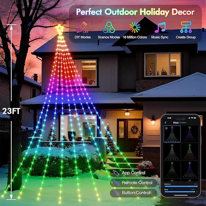 Outdoor Christmas Decorations, 23FT Smart RGB Color Changing Christmas Hanging Waterfall String Lights, APP Remote Control, DIY Multi-Color Lightshow, Music Sync, Outside Xmas Lights Decor