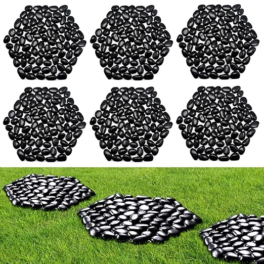 10in River Rock Stepping Stones Set - 6 Pack | Polished Pebble | Long-Lasting PVC Mesh Backing | Perfect for Garden Paths and Lawns Outdoor Landscaping Decoration | Black Rhombus