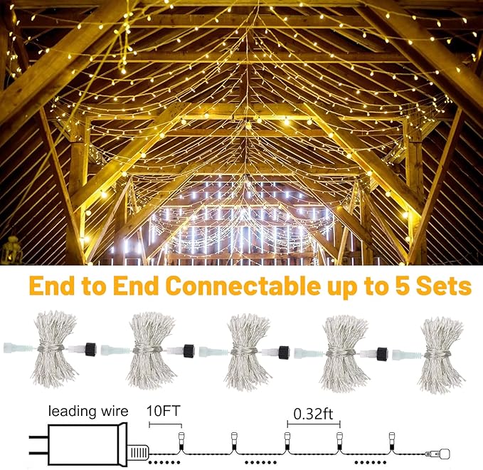 200LED 60FT Warm White LED Christmas Tree String Lights Outdoor Waterproof Twinkle Lights for Bedroom with 8 Modes Memory Function & Timer Plug in Xmas for House Holiday Indoor Decorations