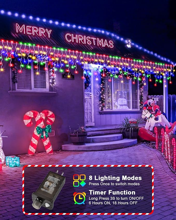 2 Pack 53FT 486 LED Christmas Lights Outdoor, Plug in Waterproof Christmas Lights for Outside, Timer & Memory, 8 Modes Hanging Fairy Light for House Eaves Yard Patio Decorations,Multicolor