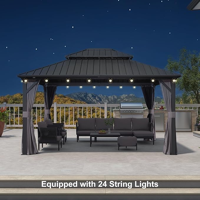 PURPLE LEAF 12'x14' Hardtop Gazebo with Lights Double Roof on Galvanized Steel Frame Outdoor Pavilion Including Netting and Curtains for Patio Garden Deck Grey