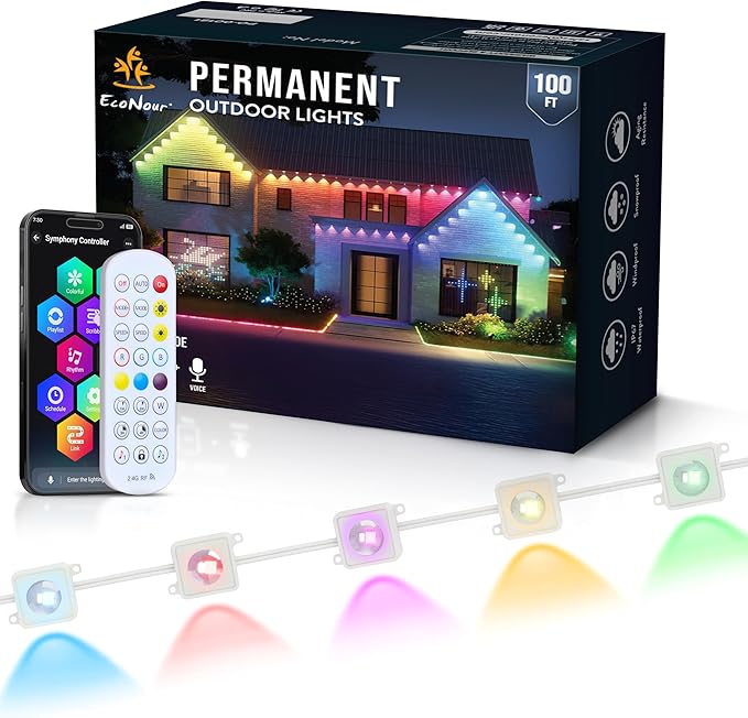 EcoNour 100 FT Smart RGB Permanent Outdoor Lights | Music Sync, Waterproof LED Eaves Lights with Extension Connector & Remote Control | Colorful RGB LED Christmas Light with Festive Lighting Effects