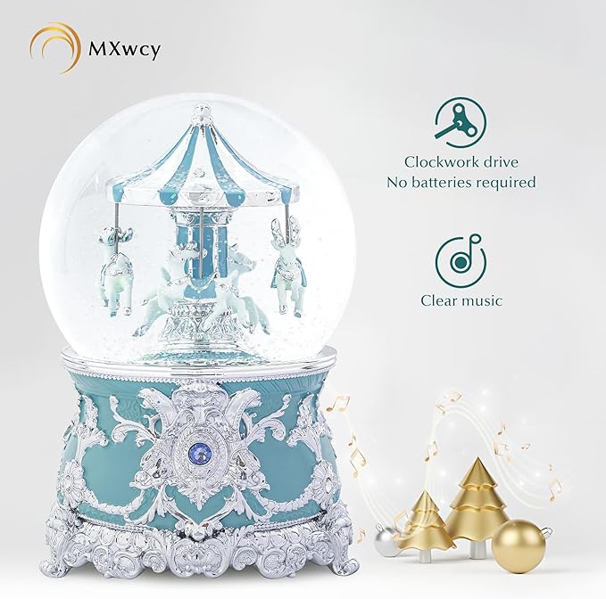 Carousel Music Box Moose Silver & Mint Christmas Snow Globes, 7.1" Rotate Carousel Snow Globe for Kids & Adults, Classic Wind up Musical Snow Globe Birthday Gifts for Women Girls, Carousel Home Decor