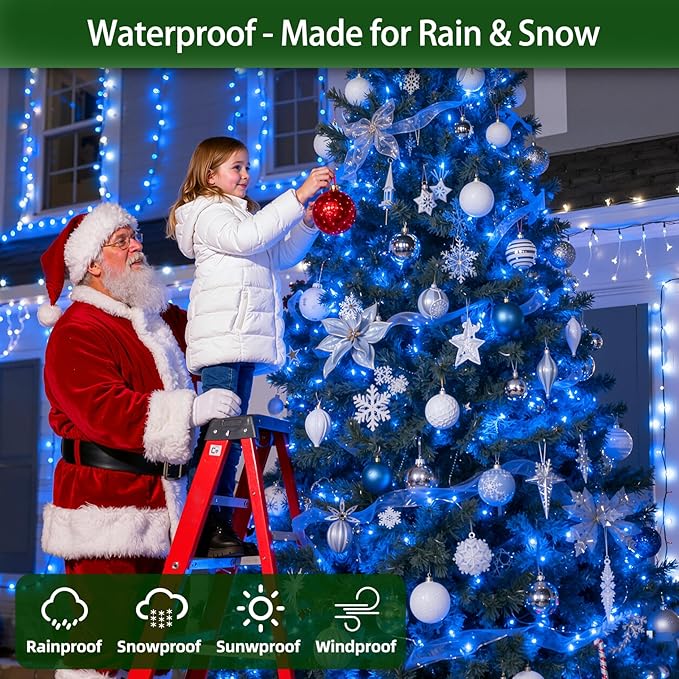 300LED Chrstmas Lights, 75ft Indoor Outdoor Christmas String Lights with 12 Modes, Blue LED String Lights with Timer Dimmable Waterproof for Outside Tree Fence Garden Xmas Wedding Party Decor Blue