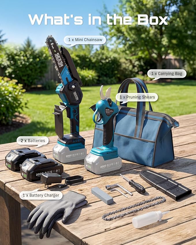 SEESII Mini Chainsaw & Electric Pruning Shears Combo, 6-inch Brushless Handheld Power Chain Saw, 1.2¡± Cutting Cordless Pruner for Tree Trimming, Tools Kit with 2x2000mAh Batteries, Fast Charger