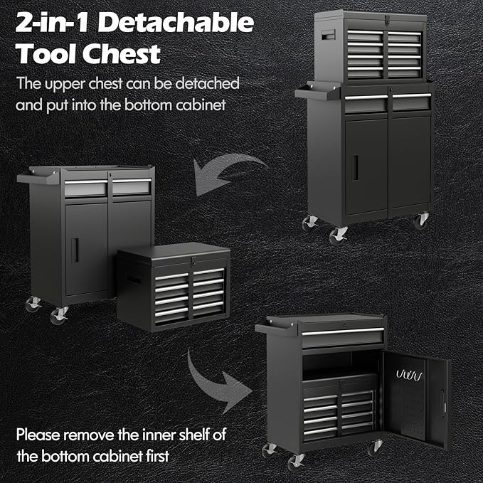 IRONMAX Rolling Tool Chest, 5-Drawer Lockable Tool Cabinet w/Adjustable Shelf & 4 Universal Wheels, 2 in 1 Detachable Tool Box Storage Organizer for Garage Workshop Repair Shop, Black