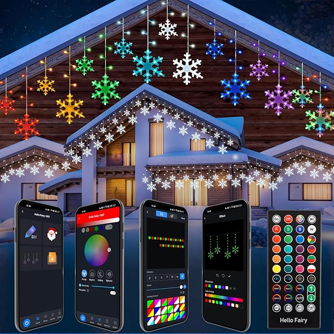 Smart Christmas Snowflake Icicle Lights, 16.4FT 192 LED 16 Drops, APP Remote Control Plug in 16 Million Colors, Curtain Lights Connectable, Xmas Decorations with Timer & Music Sync for Indoor Outdoor
